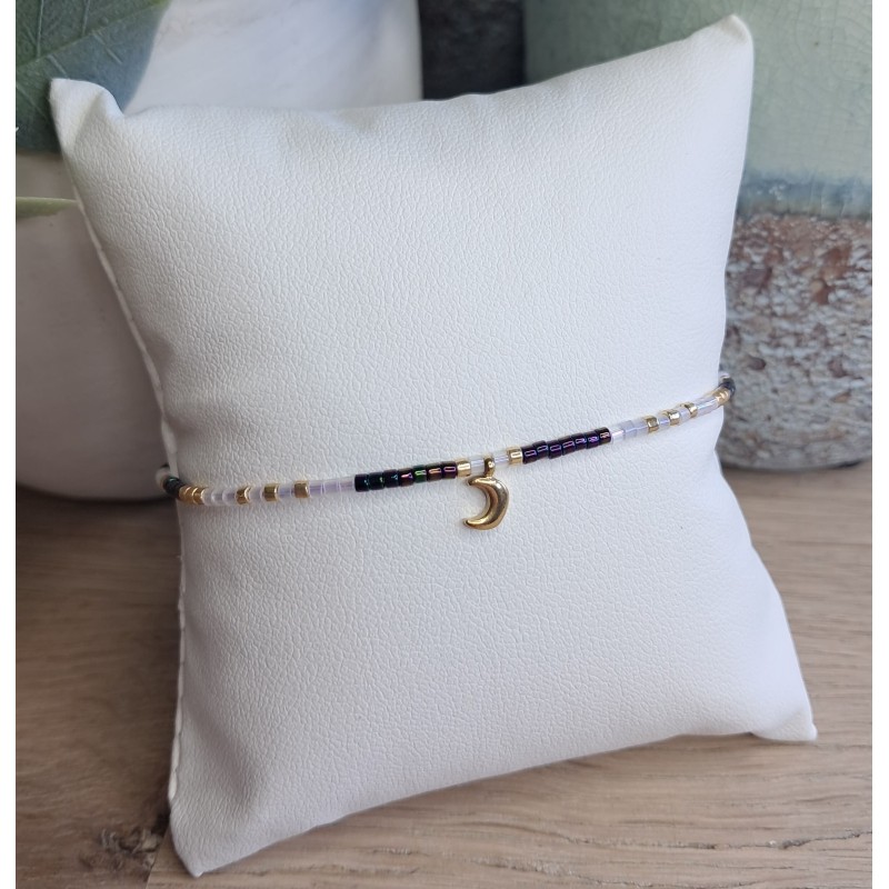Bracelet fin blanc/noir/doré avec breloque lune