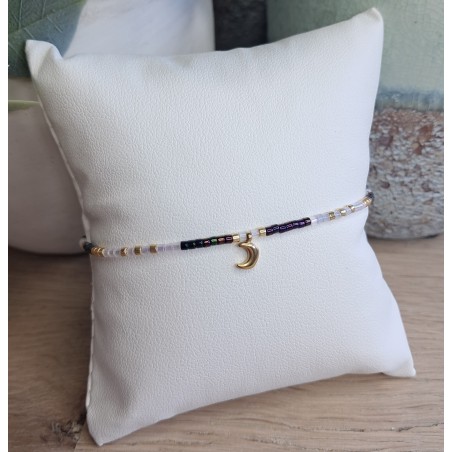 Bracelet fin blanc/noir/doré avec breloque lune