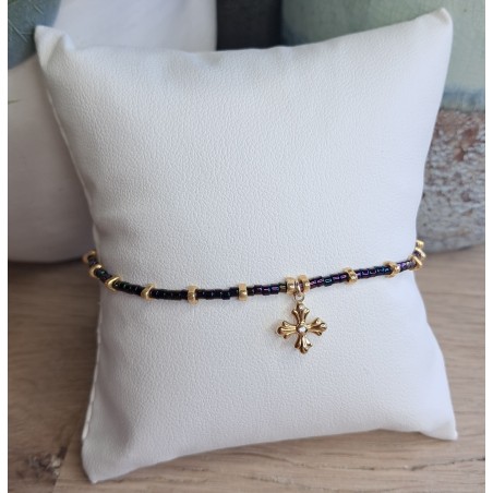 Bracelet fin noir irisé/doré avec breloque croix