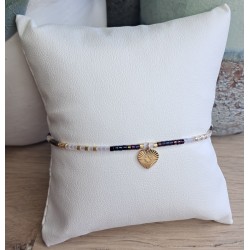 Bracelet fin noir irisé/blanc/doré avec breloque coeur