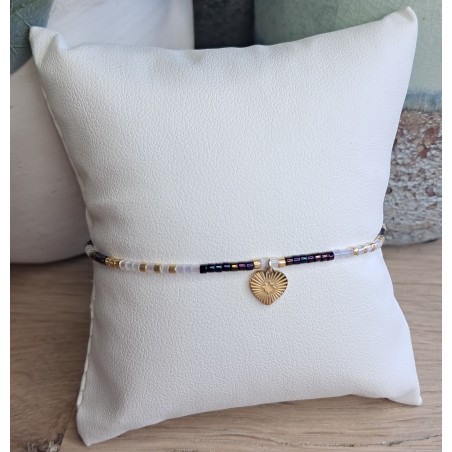 Bracelet fin noir irisé/blanc/doré avec breloque coeur
