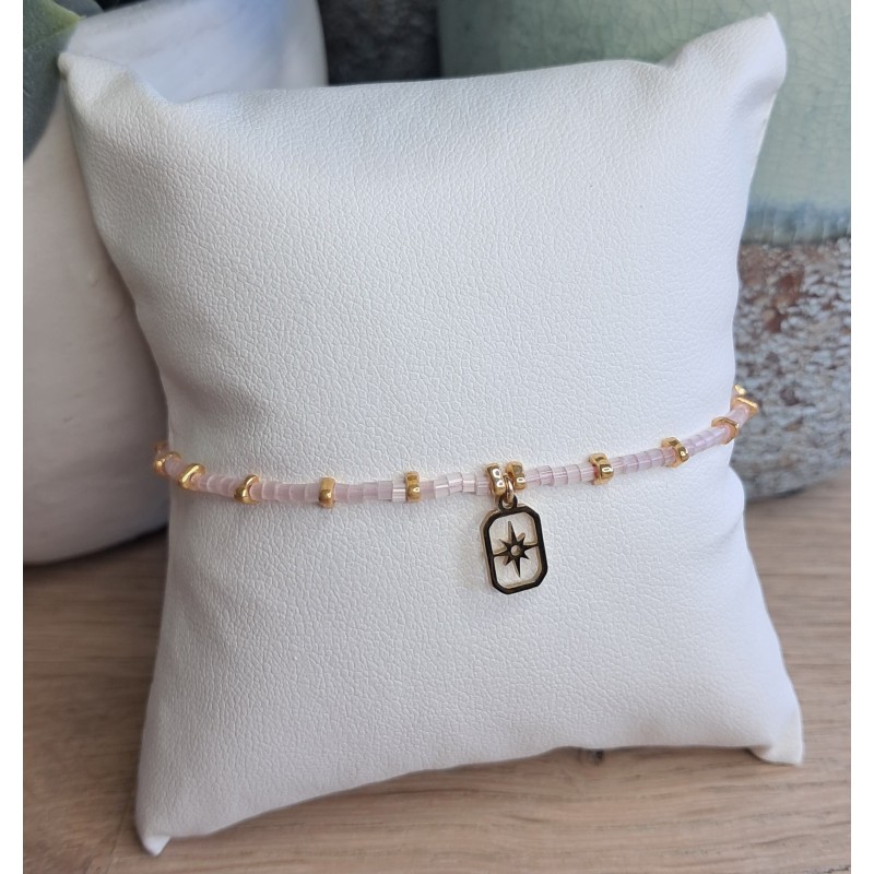 Bracelet fin rose scintillant/doré avec breloque rectangle étoile du nord