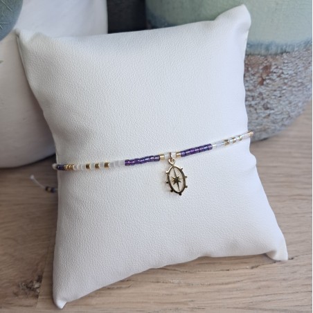 Bracelet fin violet/blanc/doré avec breloque ovale étoile du nord