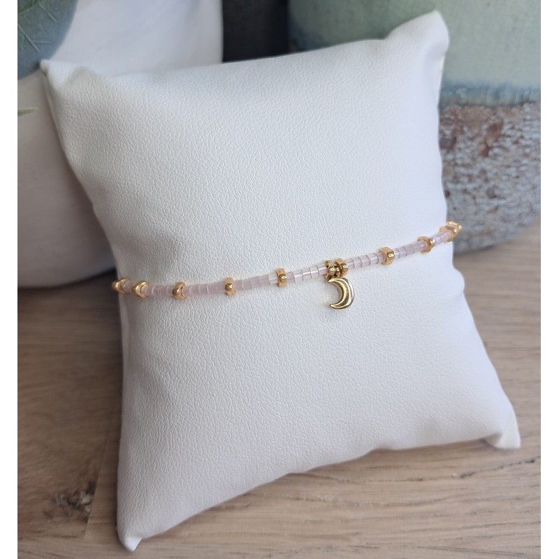 Bracelet fin rose scintillant/doré avec breloque lune