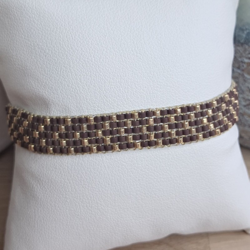 Bracelet tissé 5 rangs Brun Mat/Doré