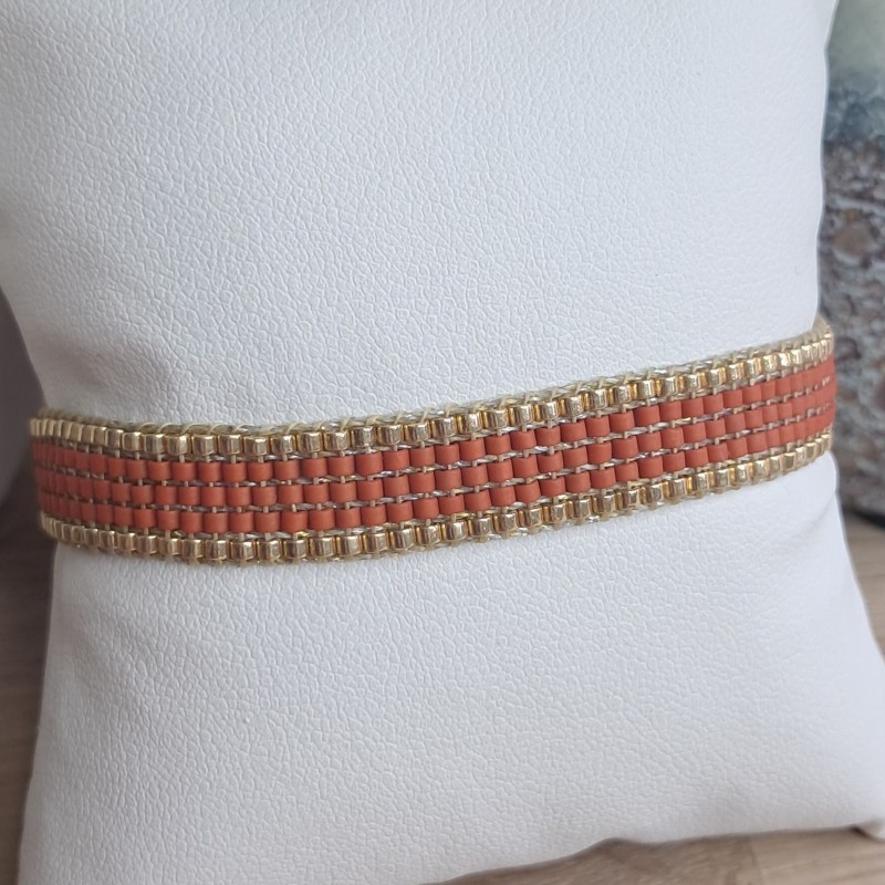 Bracelet tissé 5 rangs Terracotta/Doré