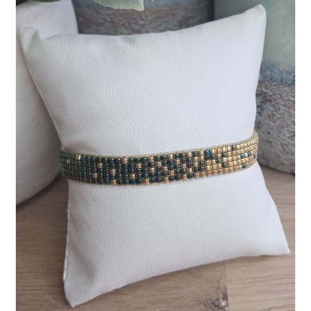 Bracelet tissé 5 rangs Vert Irisé/Doré