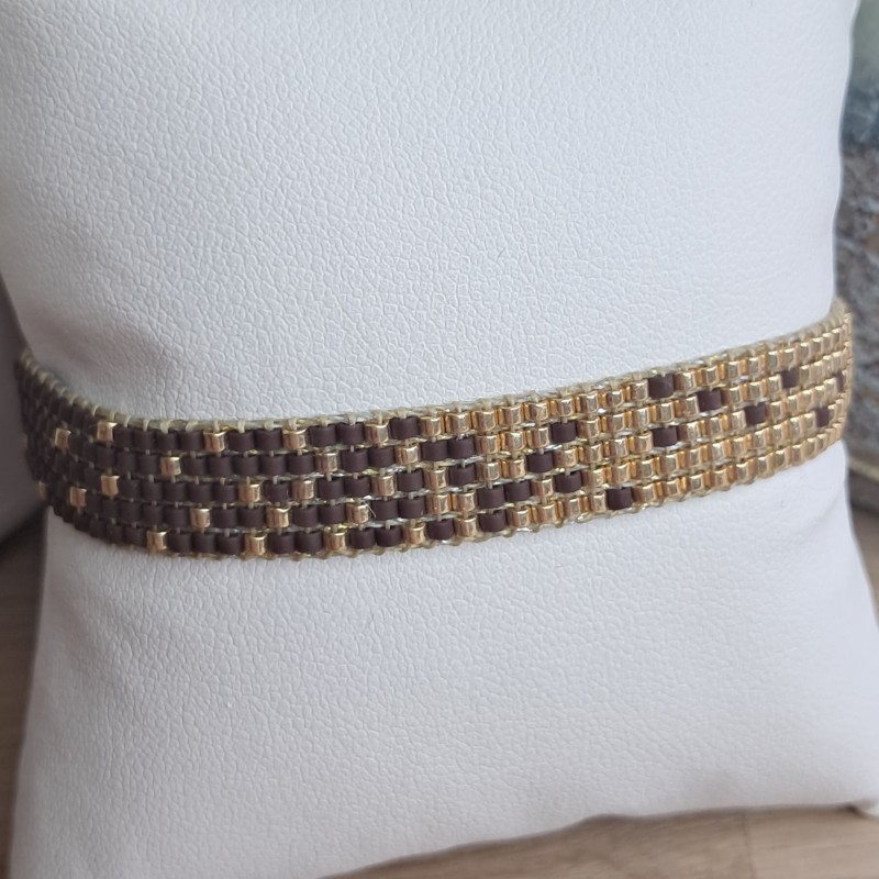Bracelet tissé 5 rangs Brun Mat/Doré