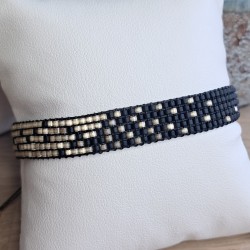 Bracelet tissé 5 rangs Noir Mat/Beige