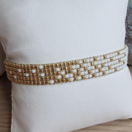 Bracelet tissé 5 rangs Blanc Brillant/Doré