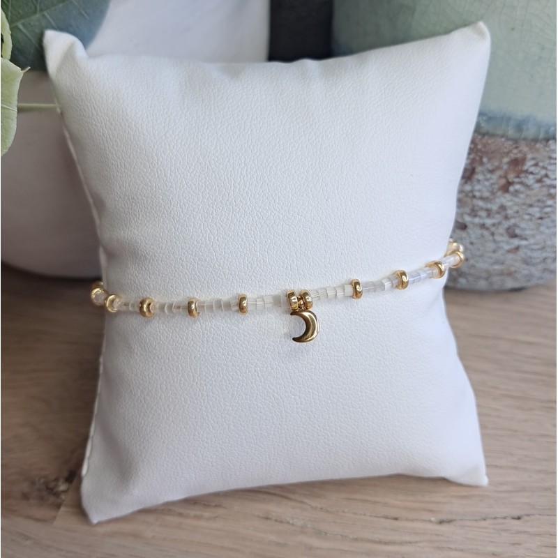 Bracelet fin blanc scintillant/doré avec breloque lune