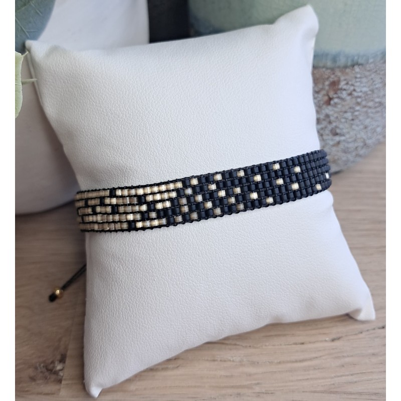 Bracelet tissé 5 rangs Noir Mat/Beige