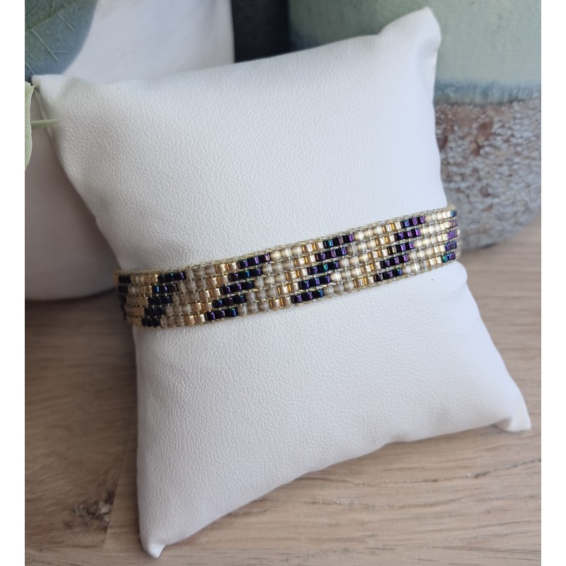 Bracelet tissé 5 rangs Violet/Beige