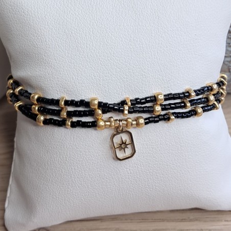 Bracelet triple Noir Brillant breloque rectangle "Étoile du Nord"