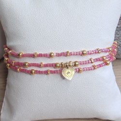 Bracelet triple Rose Foncé Scintillant breloque "Coeur"