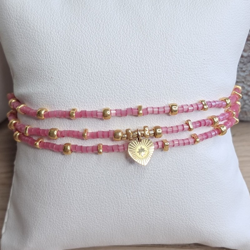 Bracelet triple Rose Foncé Scintillant breloque "Coeur"