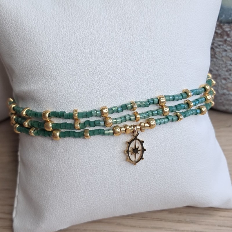 Bracelet triple Vert Scintillant breloque ovale "Étoile du Nord"