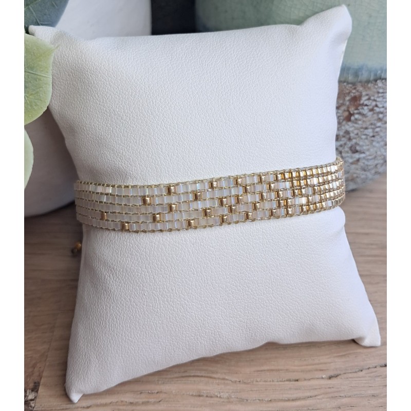 Bracelet tissé 5 rangs Blanc Scintillant/Doré