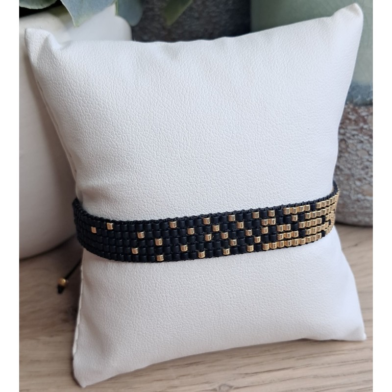 Bracelet tissé 5 rangs Noir Mat/Doré