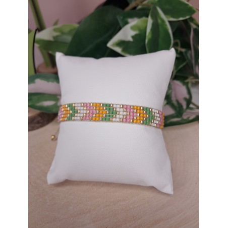 Bracelet tissé 5 rangs Vert/Rose/Orange